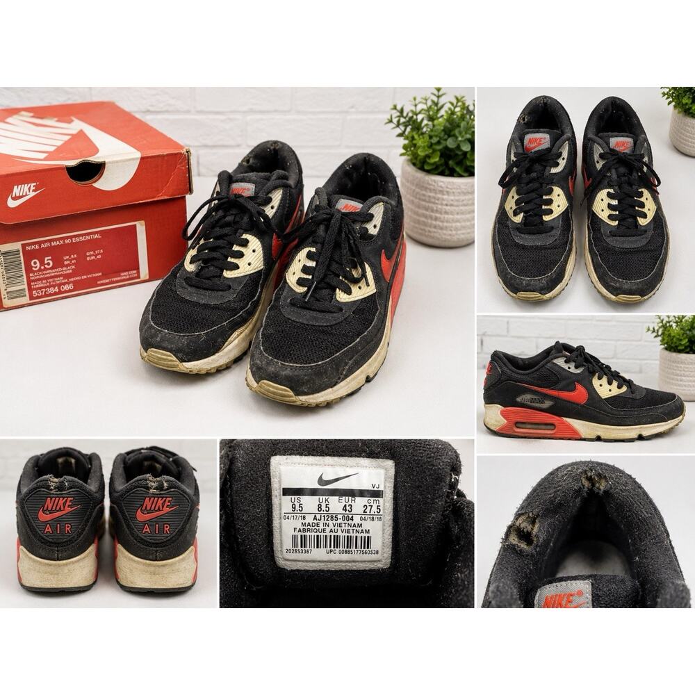 Nike Air Max 90 Essential Black Red Running Shoes Men’s Size 9.5 Fair